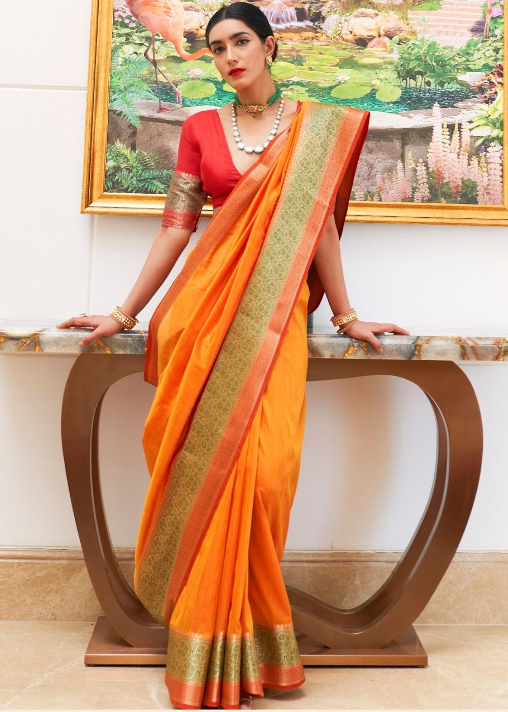 Bright Orange Handloom Woven Silk Saree