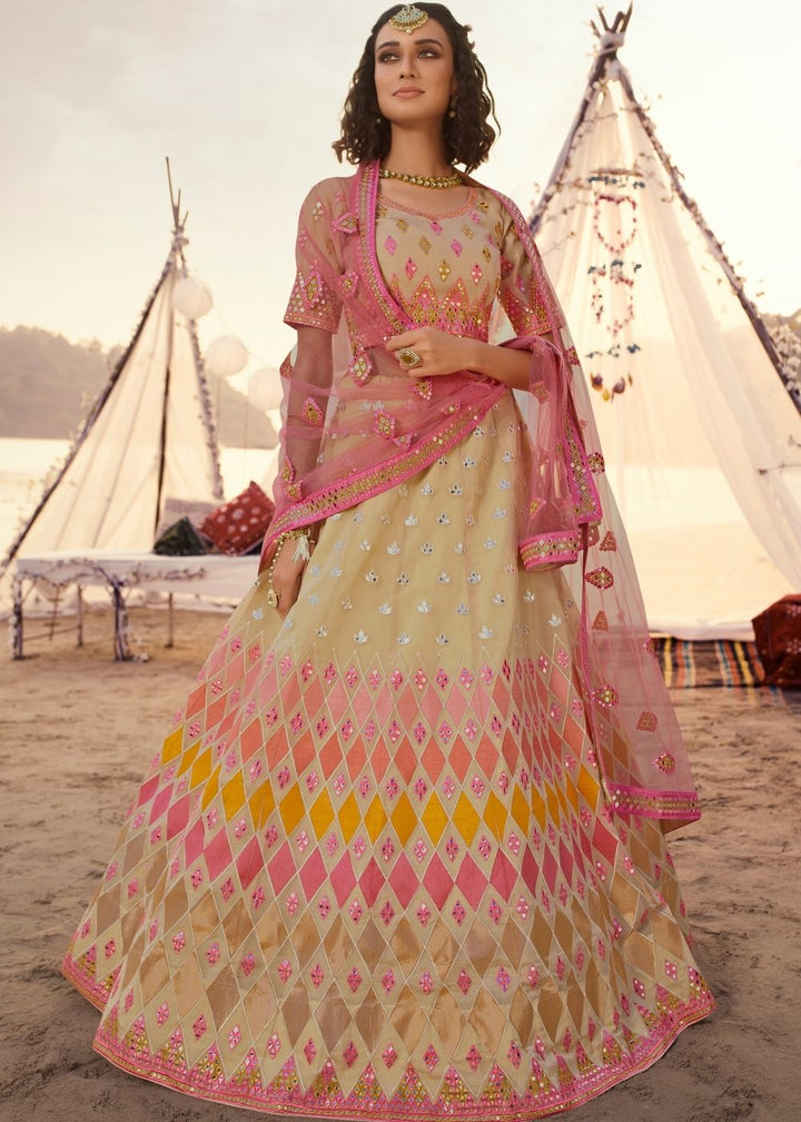 Beige Organza Lehenga Choli with Thread, Foli and Mirror work