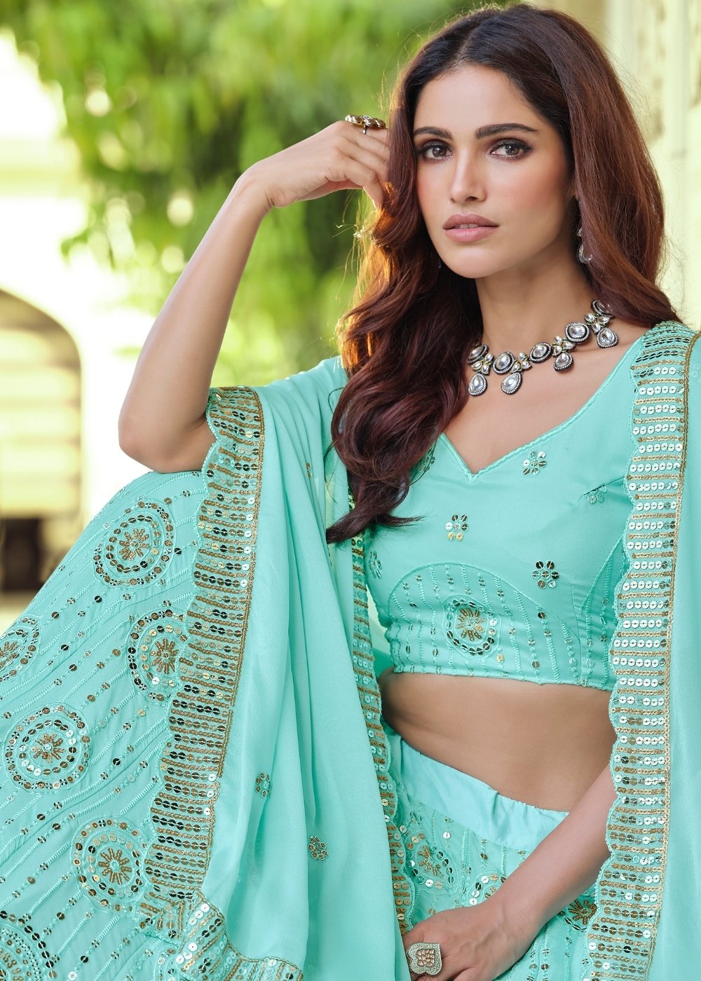 Arctic Blue Georgette Lehenga Choli with Sequins & Thread work