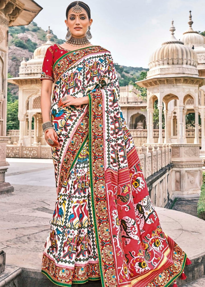 Pearl White Patan Patola Silk Saree with Embroidered Blouse