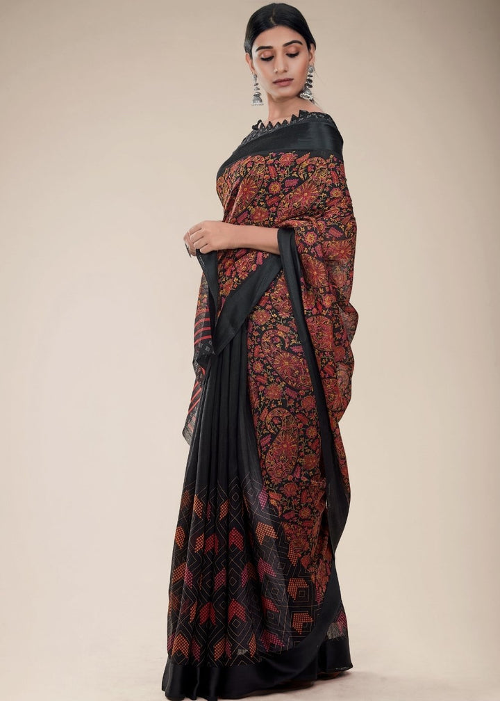 Midnight Black Designer Woven Linen Silk Saree