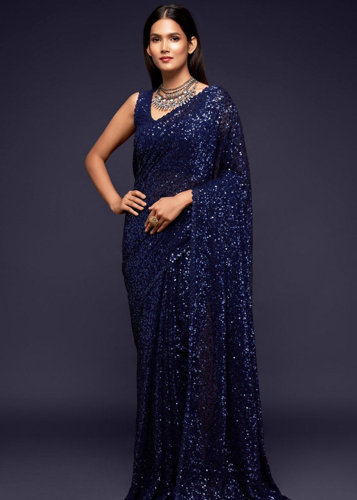 Berry Blue Sequins & Thread Embroidered Designer Georgette Saree : Top Pick