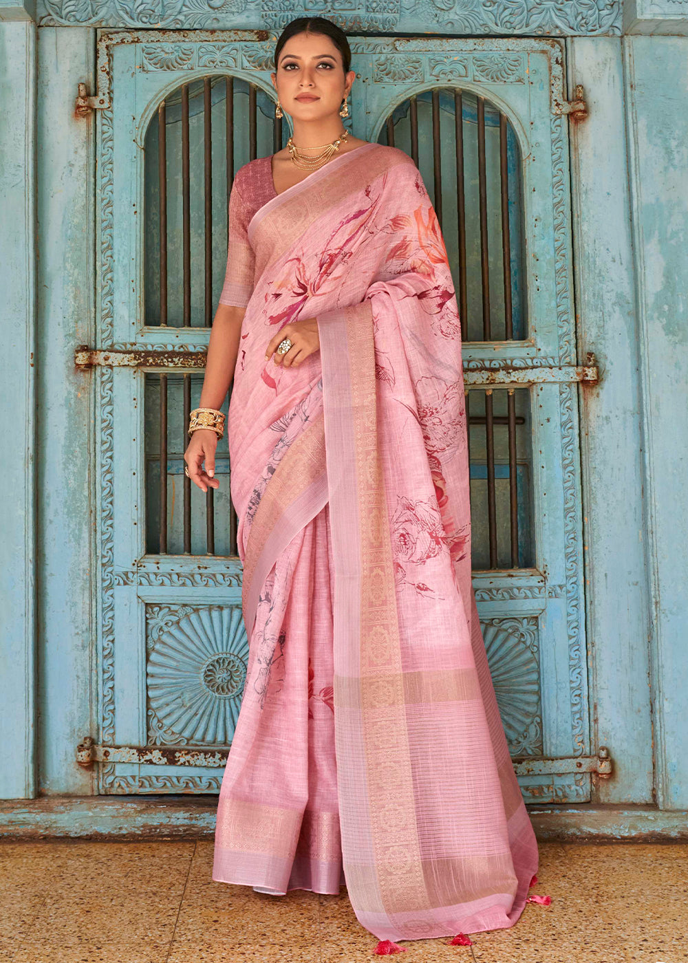 Vivid Pink Floral Printed linen Saree with Zari Border