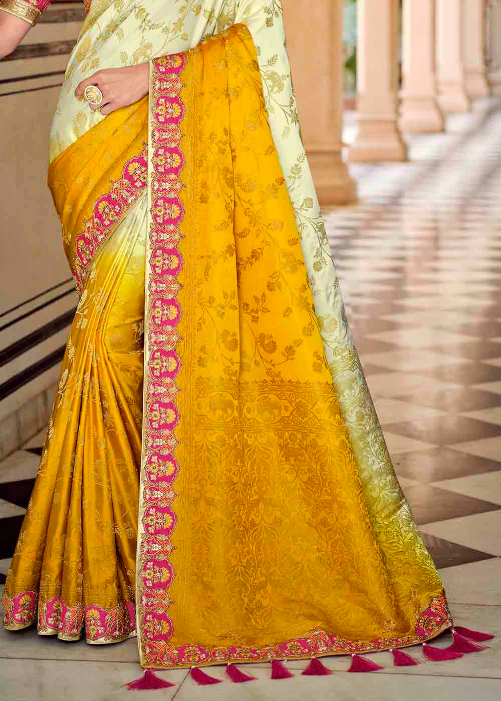 White & Yellow Floral Zari Woven Banarasi Silk Saree with Embroidered Blouse: Top Pick