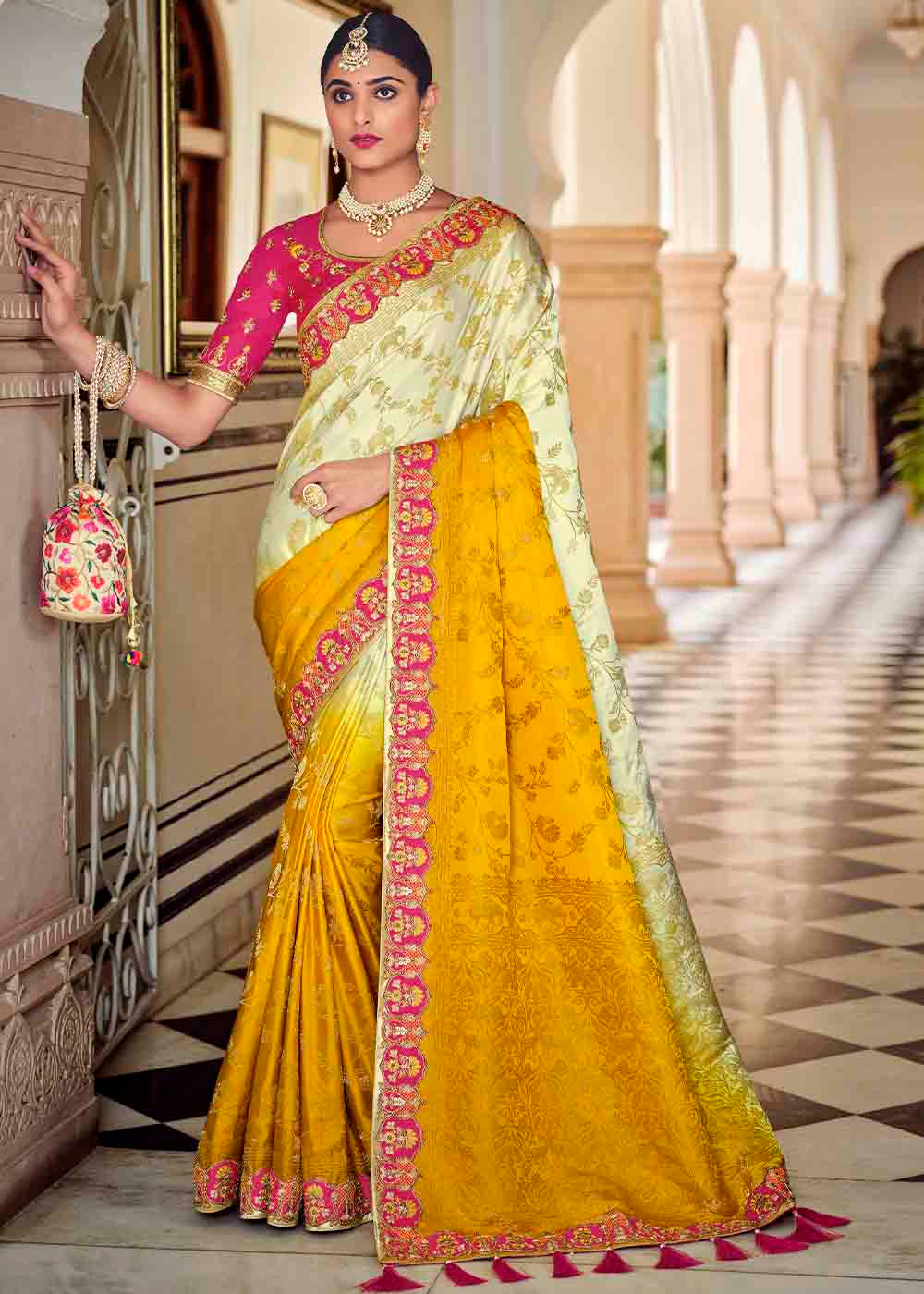 White & Yellow Floral Zari Woven Banarasi Silk Saree with Embroidered Blouse: Top Pick