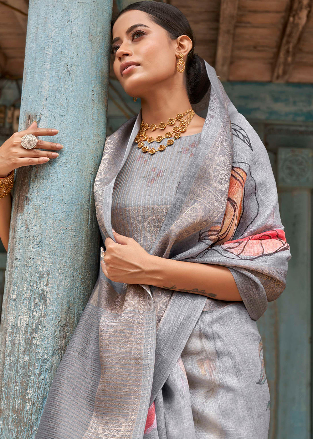 Shades Of Grey Floral Printed linen Saree with Zari Border