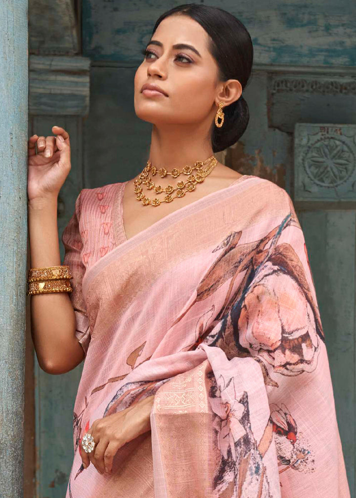 Peach Pink Floral Printed linen Saree with Zari Border