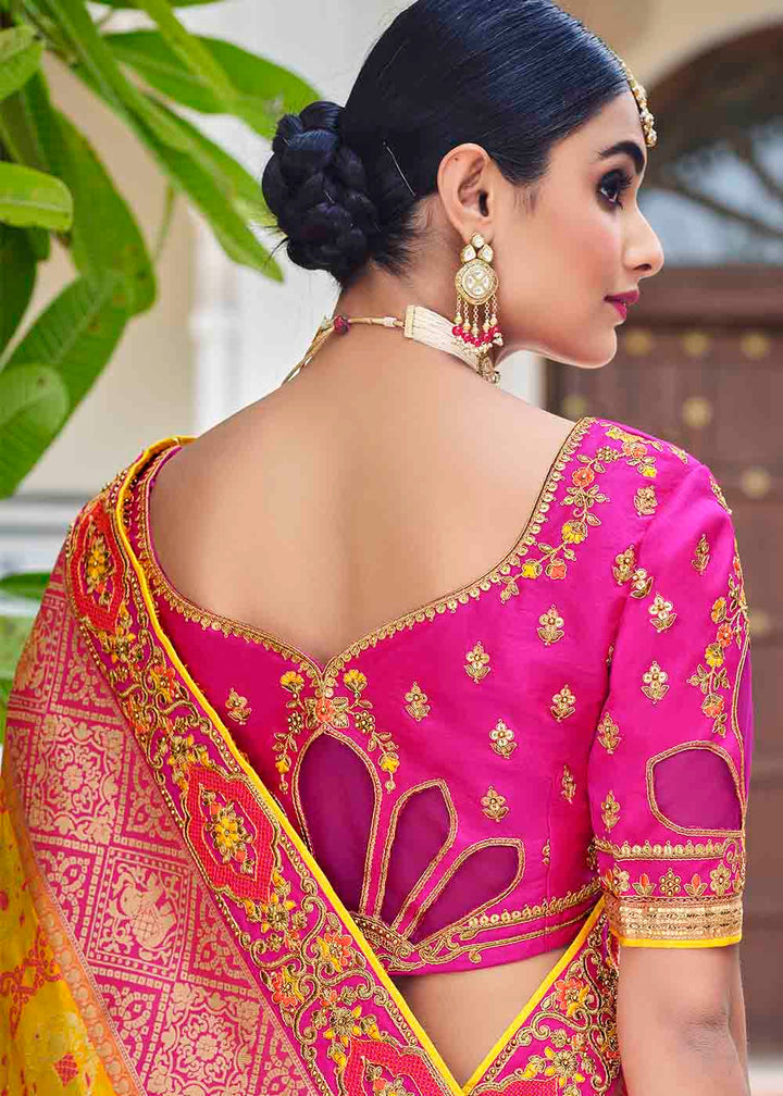 Yellow & Pink Floral Zari Woven Banarasi Silk Saree with Embroidered Blouse