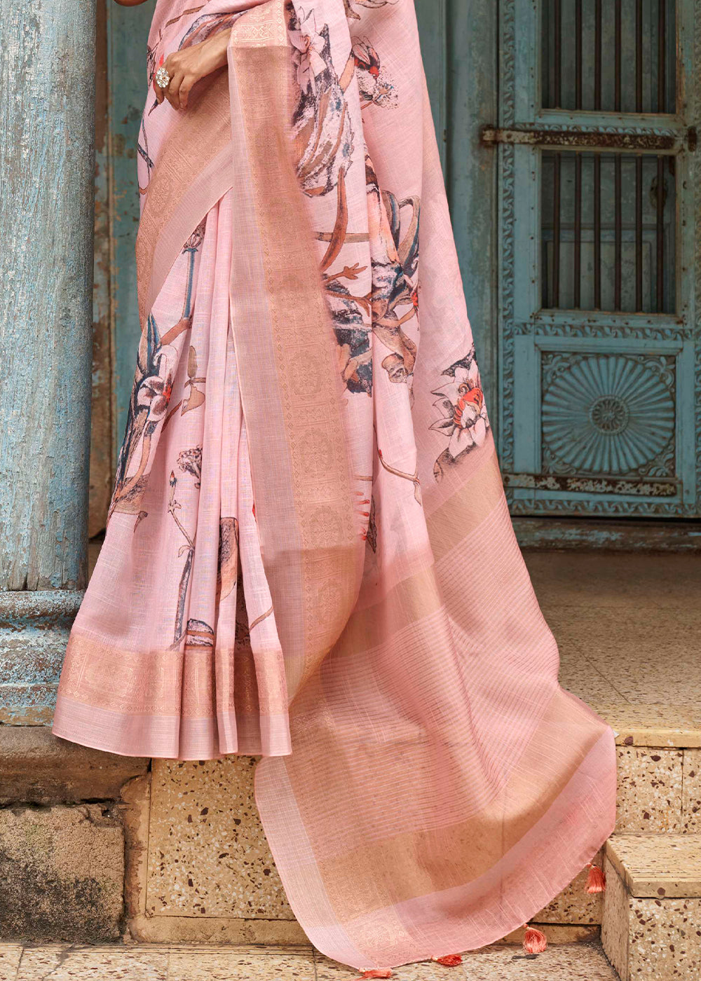 Peach Pink Floral Printed linen Saree with Zari Border