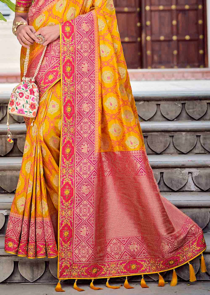 Yellow & Pink Floral Zari Woven Banarasi Silk Saree with Embroidered Blouse