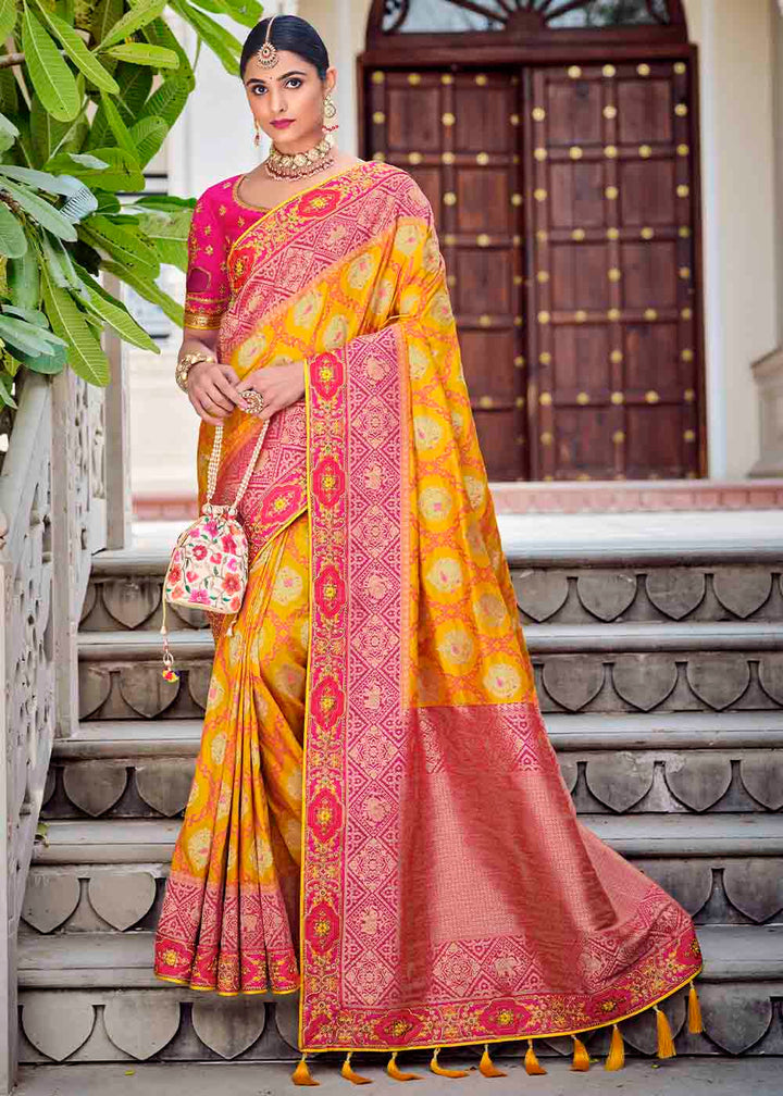 Yellow & Pink Floral Zari Woven Banarasi Silk Saree with Embroidered Blouse