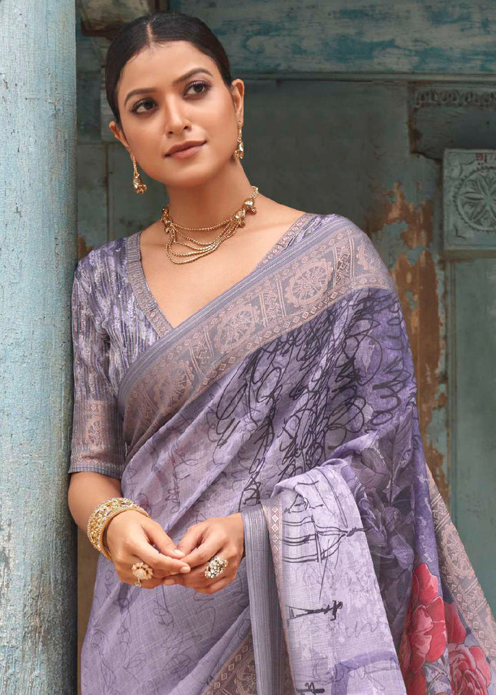 Shades Of Purple Floral Printed linen Saree with Zari Border