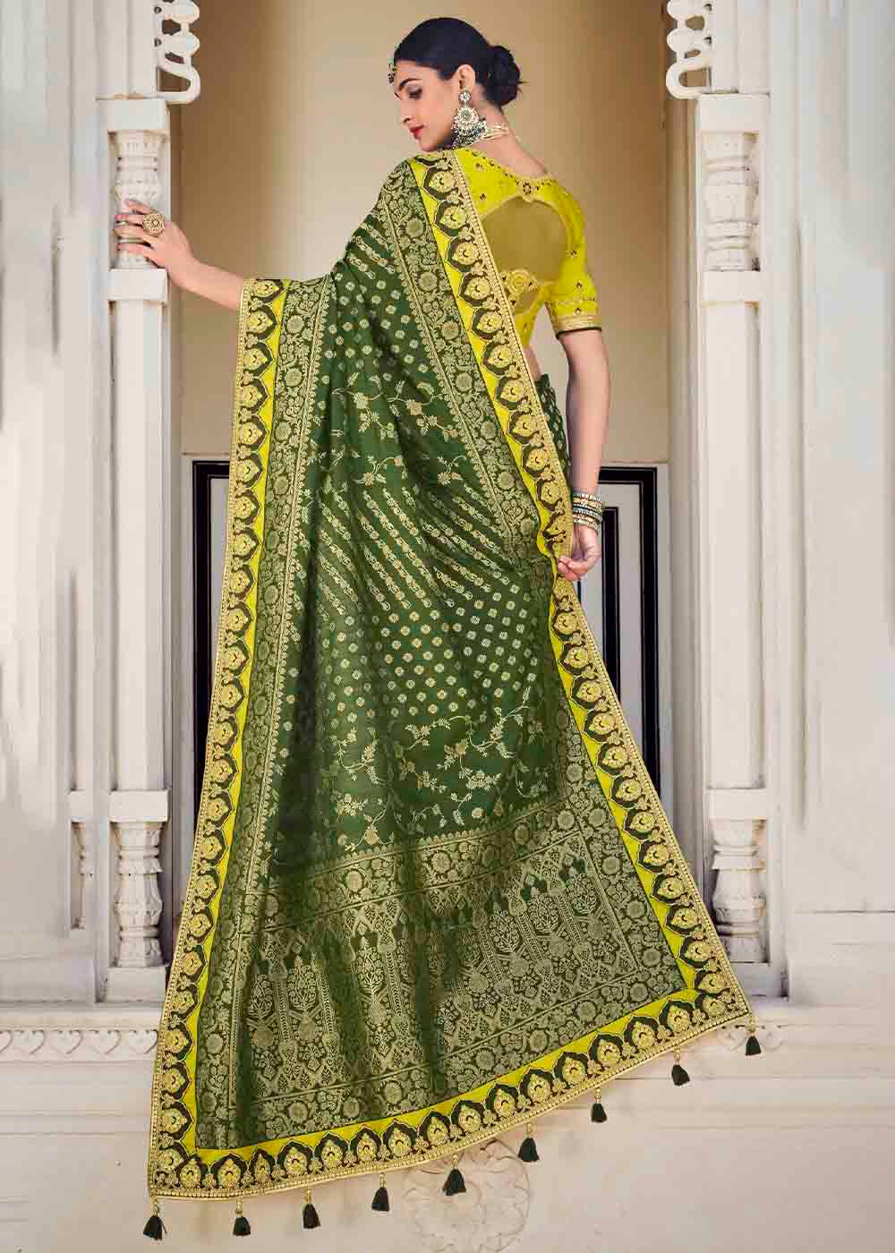 Basil Green Floral Zari Woven Banarasi Silk Saree with Embroidered Blouse