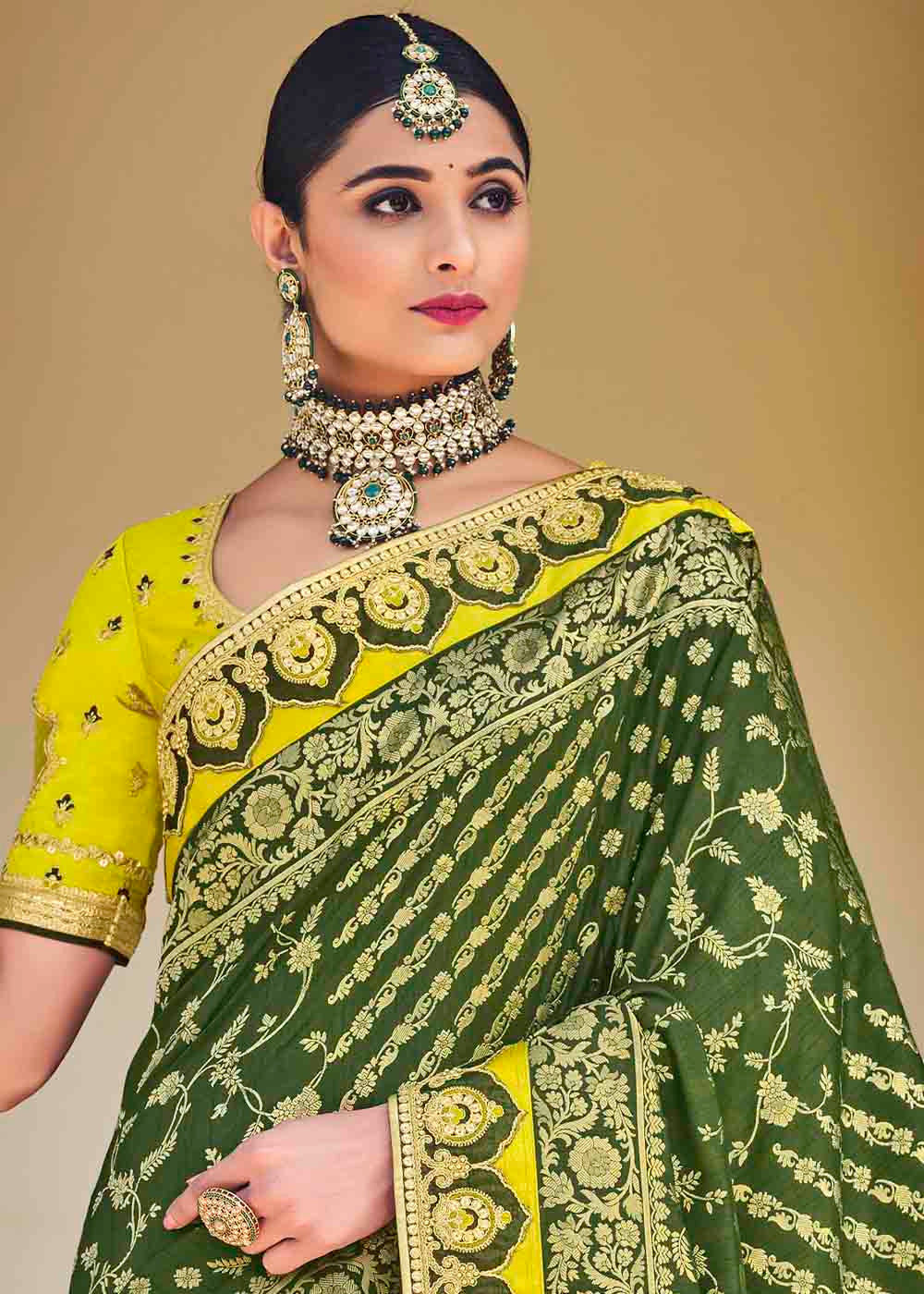 Basil Green Floral Zari Woven Banarasi Silk Saree with Embroidered Blouse