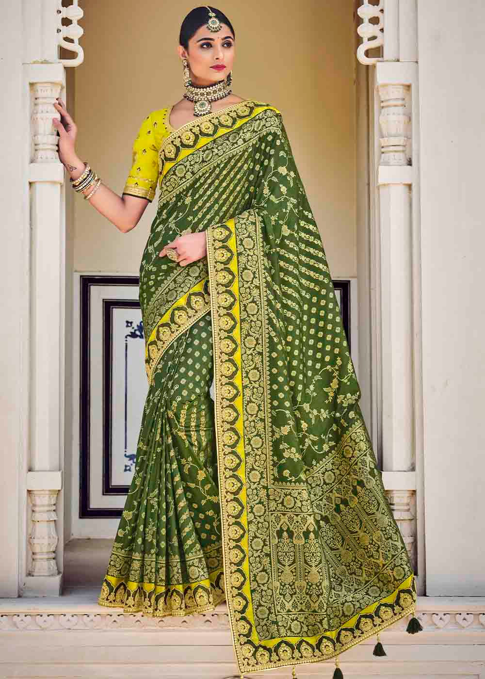 Basil Green Floral Zari Woven Banarasi Silk Saree with Embroidered Blouse