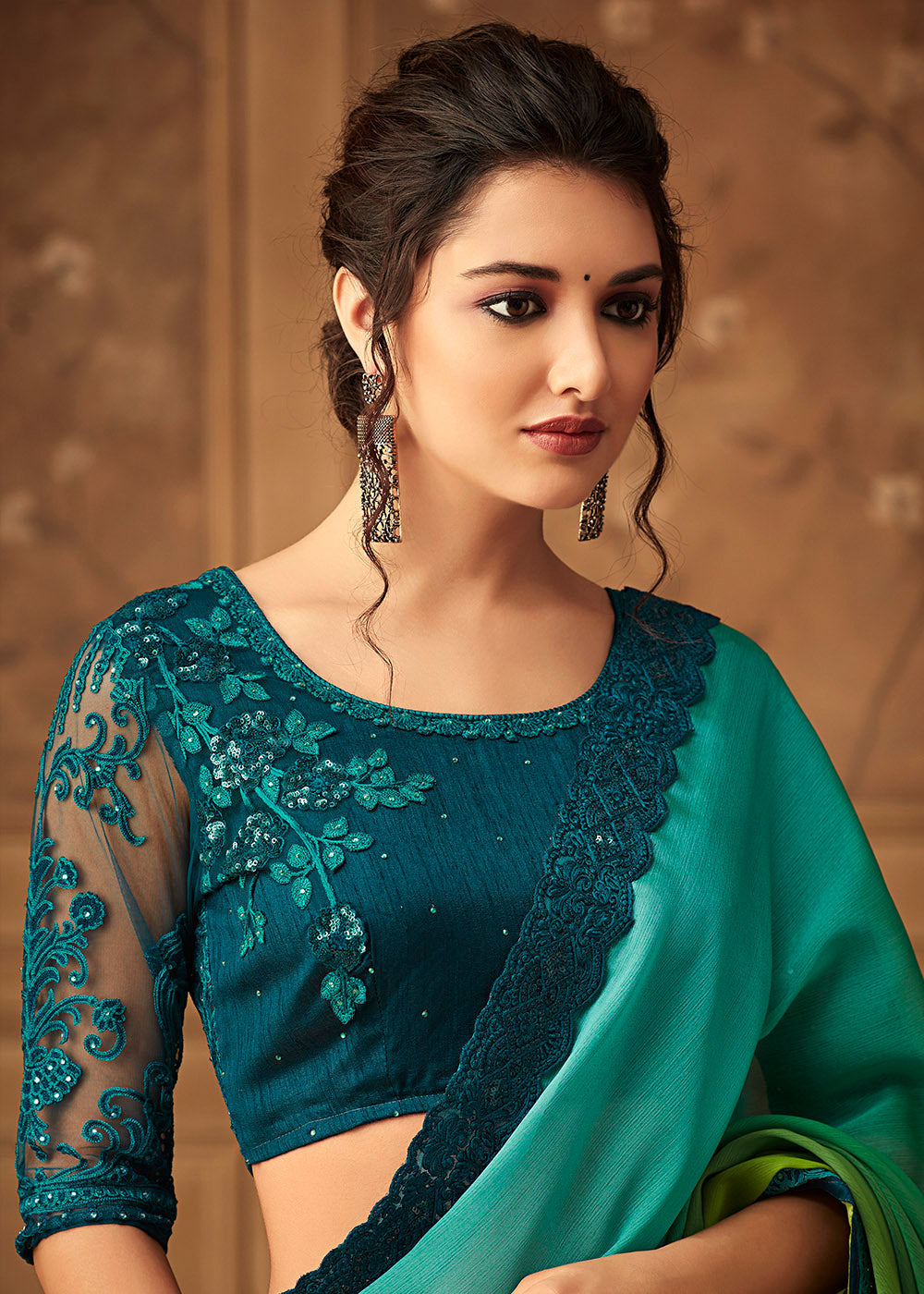 Shades Of Green Designer Embroidered Chiffon Silk Saree with Sequence work