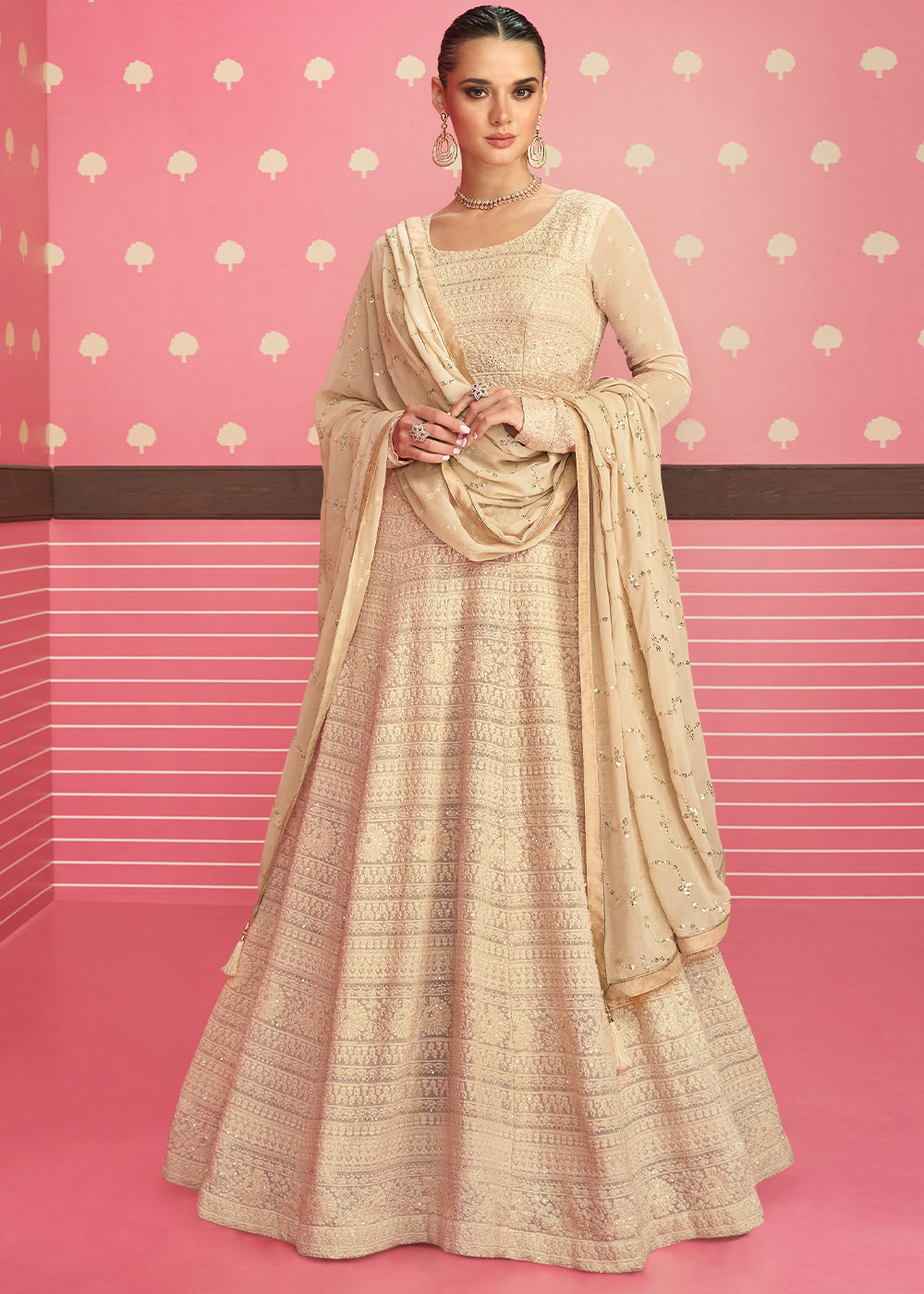 Beige Brown Designer Georgette Embroidered Anarkali Suit