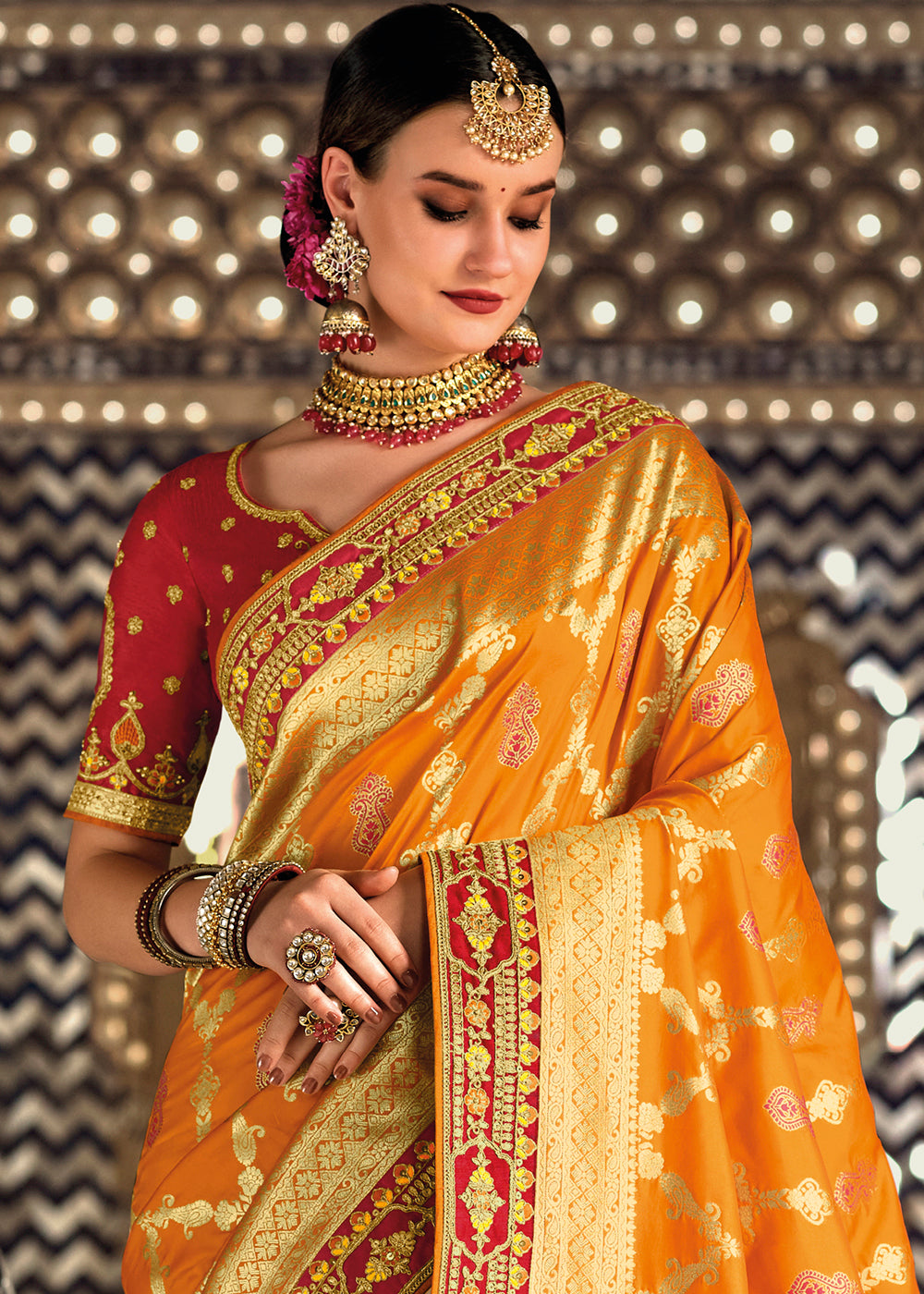 White & Orange Half N Half Banarasi Silk Saree with Embroidered work