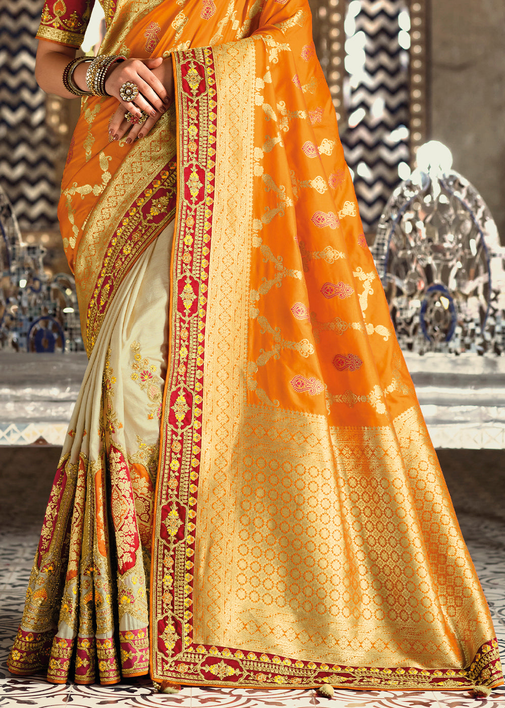 White & Orange Half N Half Banarasi Silk Saree with Embroidered work