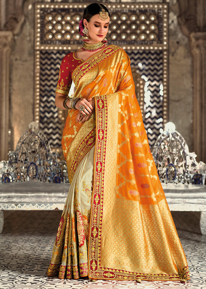 White & Orange Half N Half Banarasi Silk Saree with Embroidered work