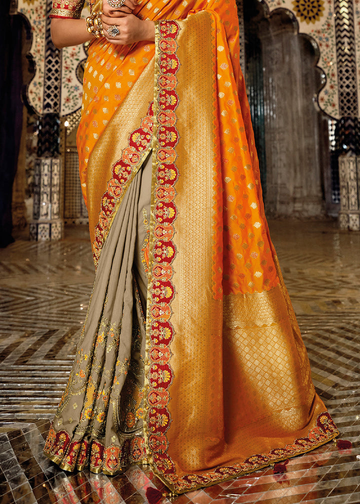 Brown & Orange Half N Half Banarasi Silk Saree with Embroidered work