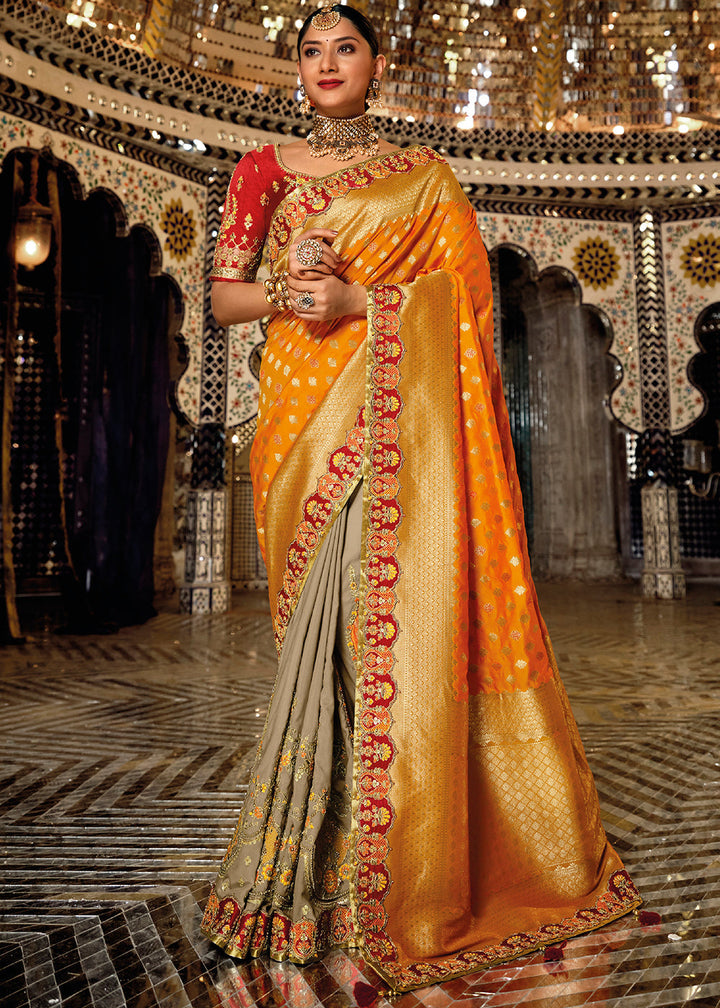 Brown & Orange Half N Half Banarasi Silk Saree with Embroidered work