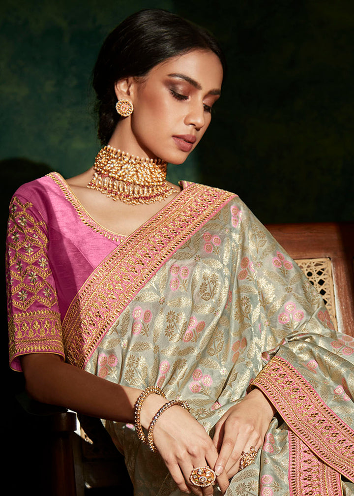 Sage Green Designer Silk Saree with Contrast Blouse