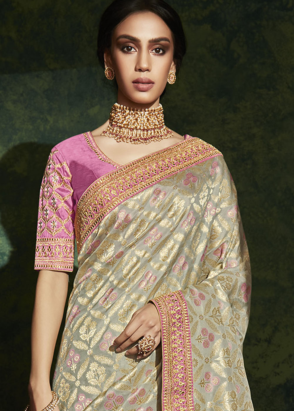 Sage Green Designer Silk Saree with Contrast Blouse