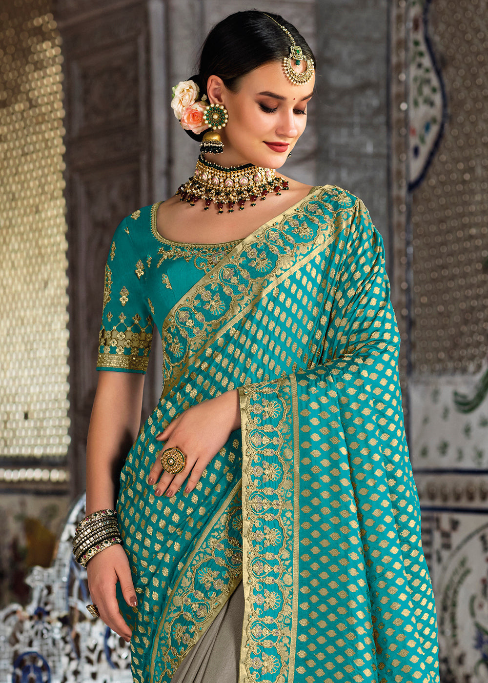 Grey & Blue Half N Half Banarasi Silk Saree with Embroidered work