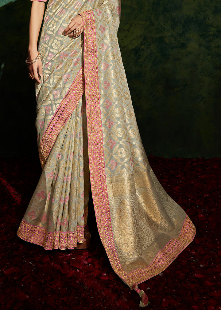 Sage Green Designer Silk Saree with Contrast Blouse