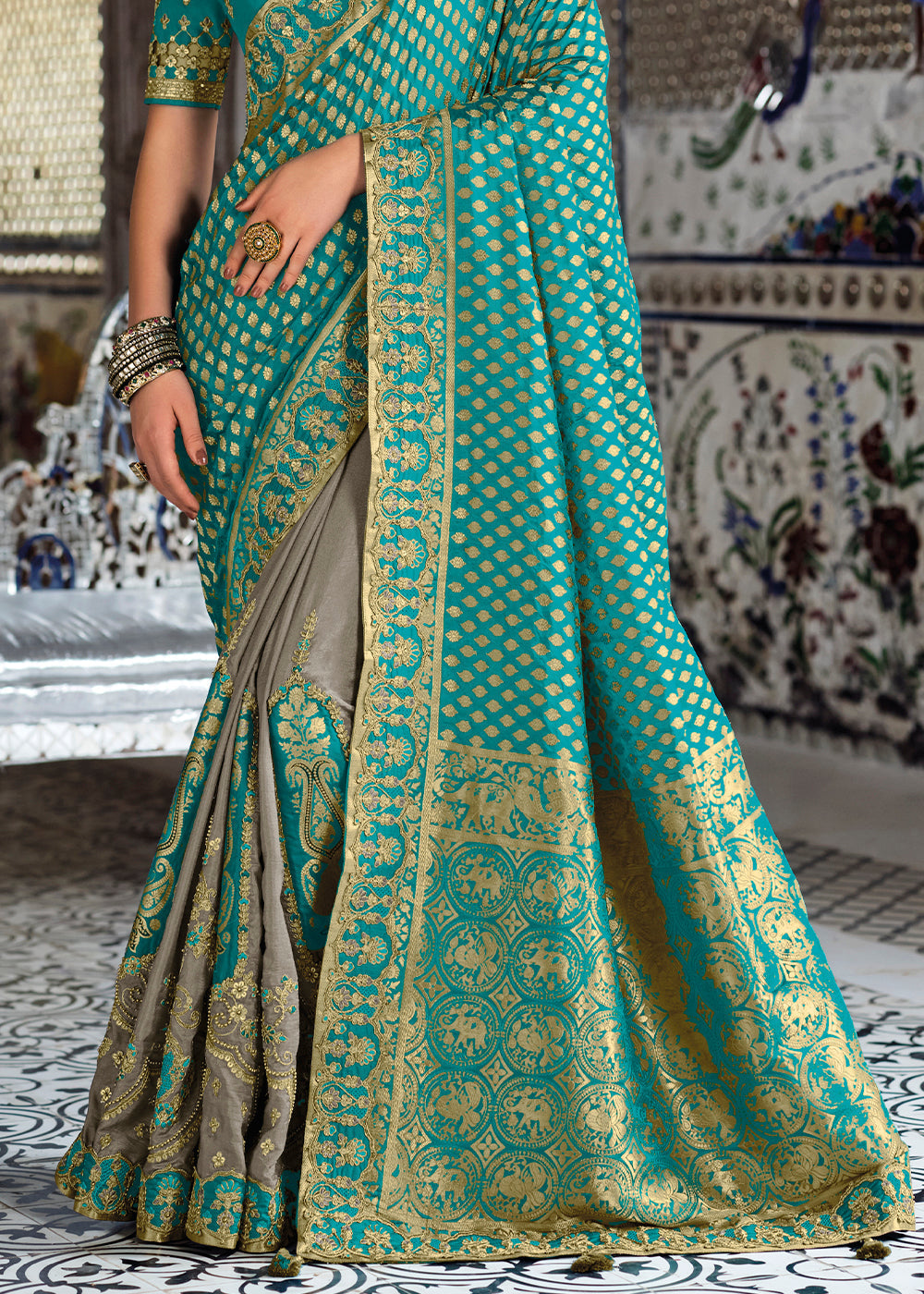 Grey & Blue Half N Half Banarasi Silk Saree with Embroidered work