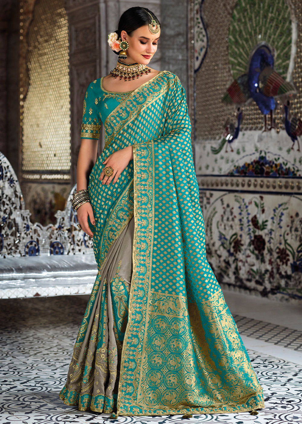 Grey & Blue Half N Half Banarasi Silk Saree with Embroidered work