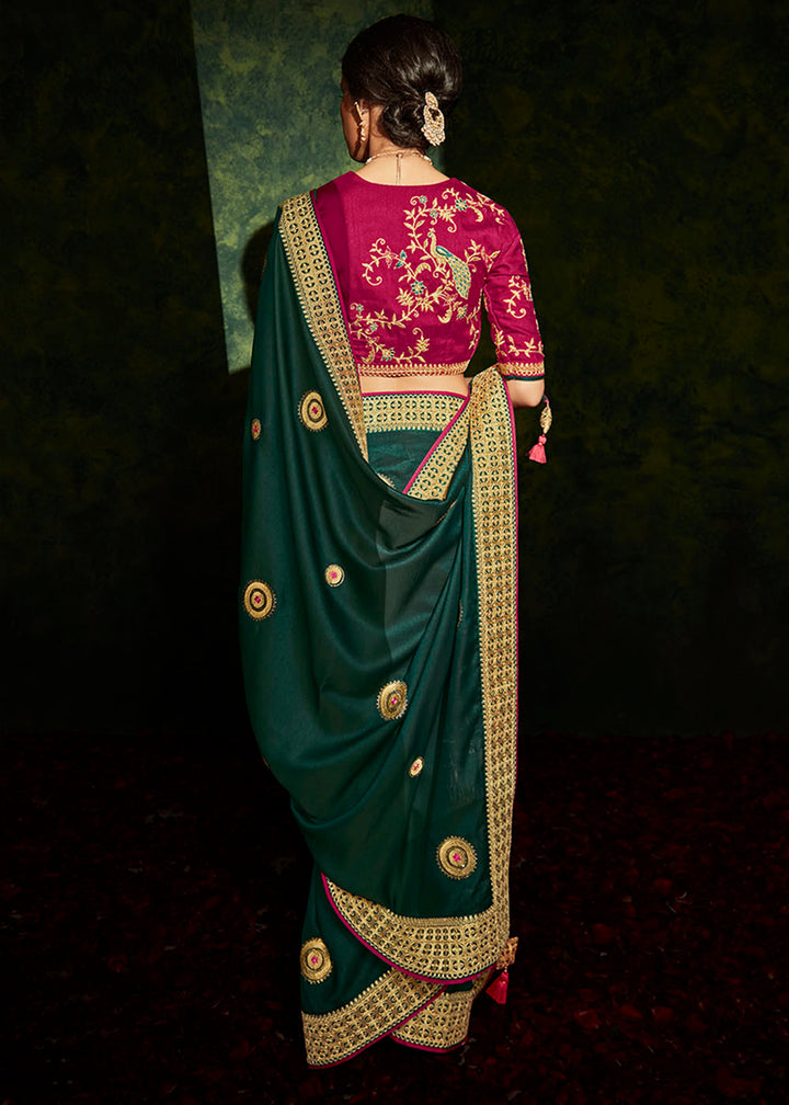 Sacramento Green Designer Silk Saree with Contrast Blouse