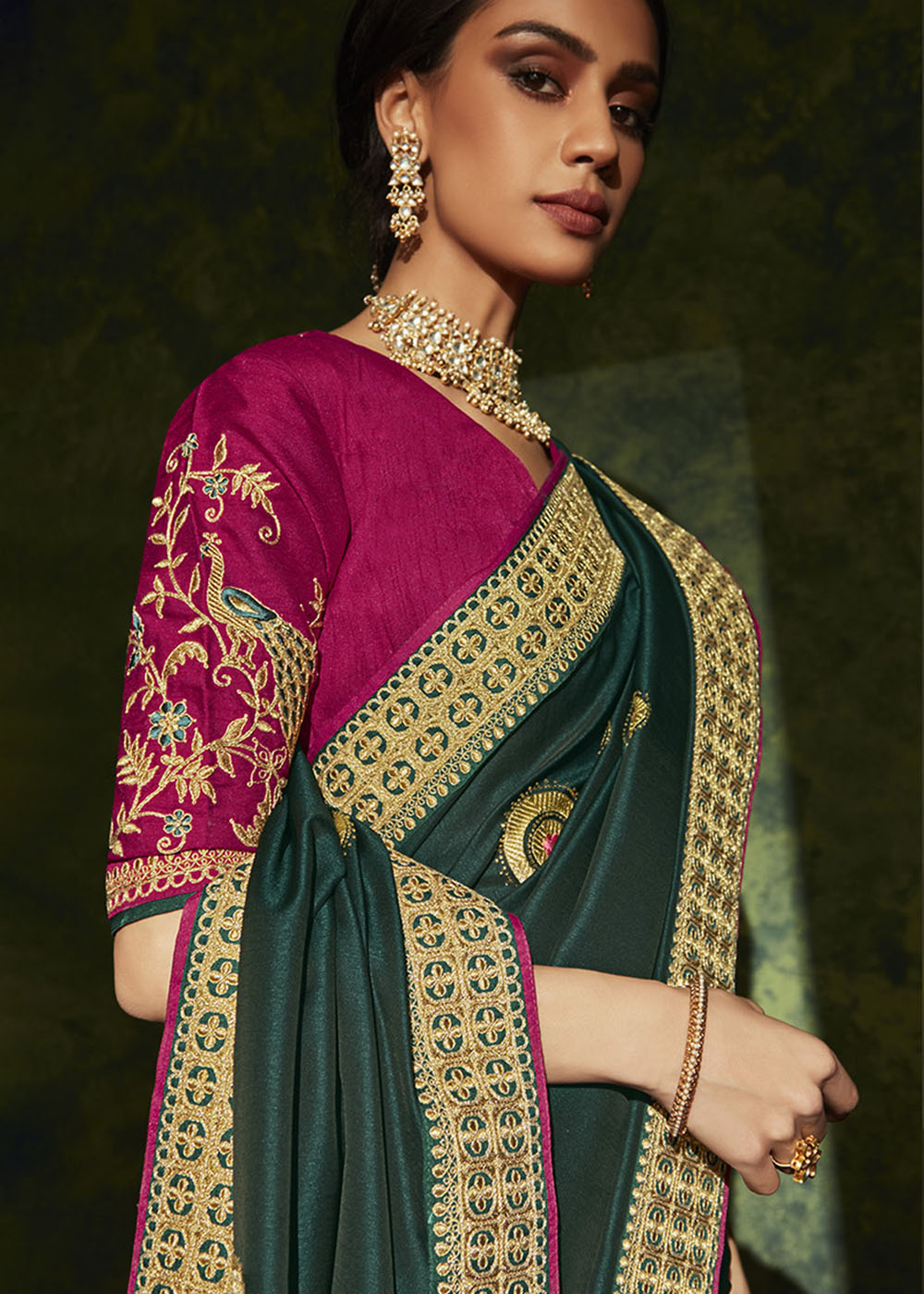 Sacramento Green Designer Silk Saree with Contrast Blouse