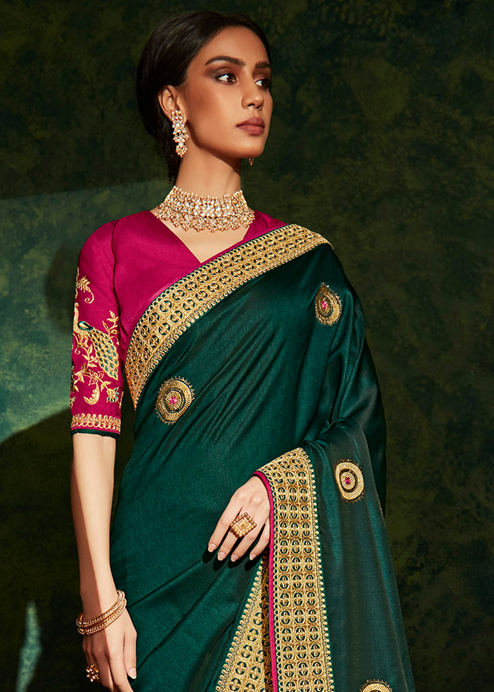 Sacramento Green Designer Silk Saree with Contrast Blouse