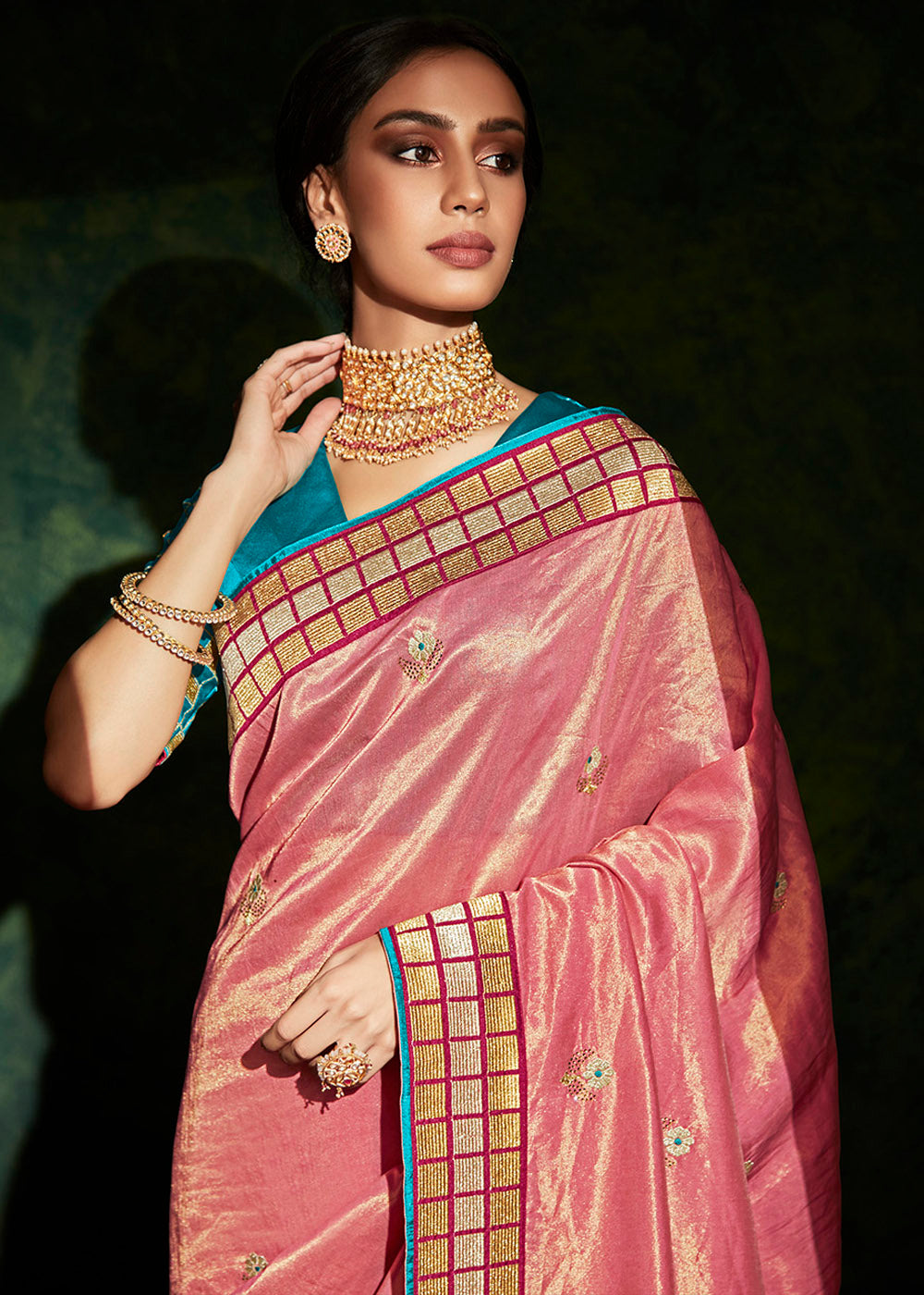 Watermelon Pink Designer Silk Saree with Contrast Blouse