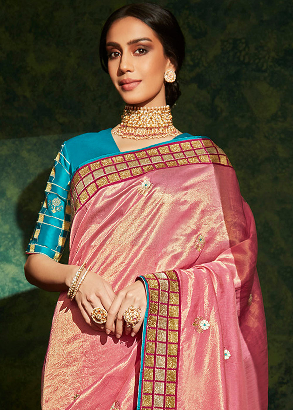 Watermelon Pink Designer Silk Saree with Contrast Blouse