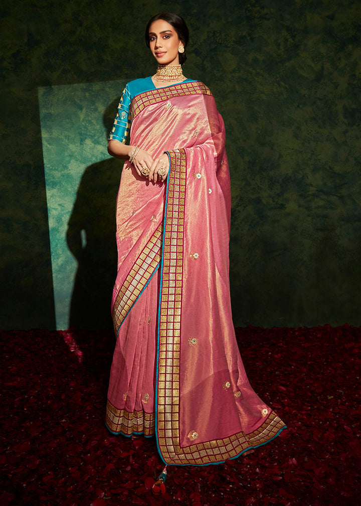 Watermelon Pink Designer Silk Saree with Contrast Blouse