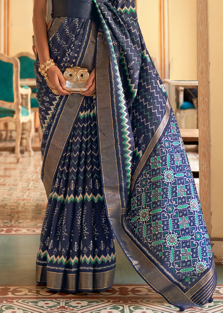 Aegean Blue Designer Printed Silk Saree