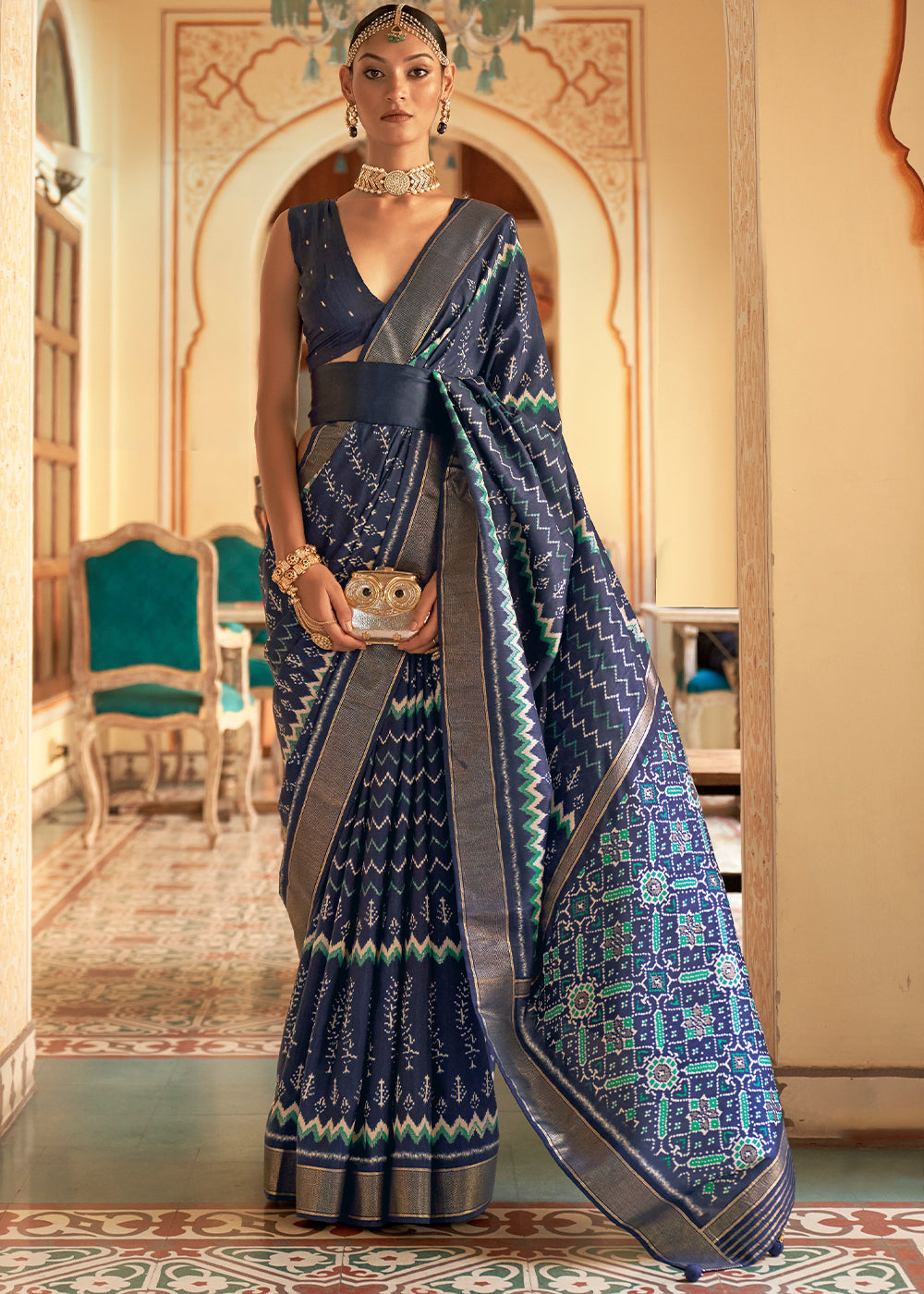 Aegean Blue Designer Printed Silk Saree