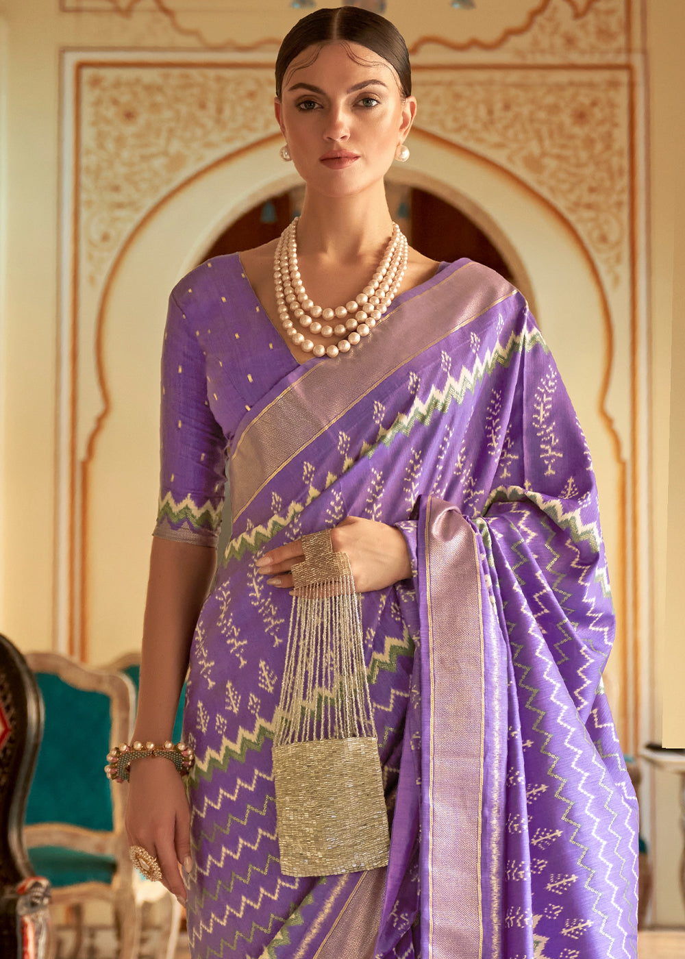 Orchid Purple Designer Printed Silk Saree