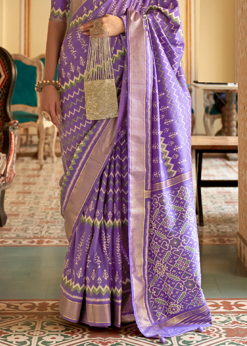 Orchid Purple Designer Printed Silk Saree