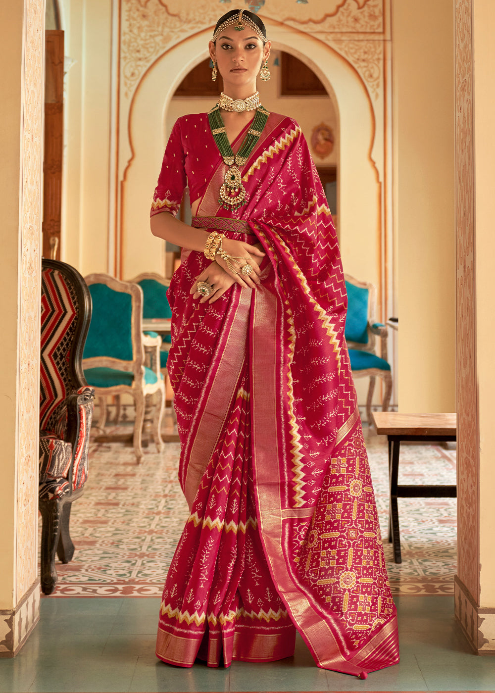 Magenta Pink Designer Printed Silk Saree