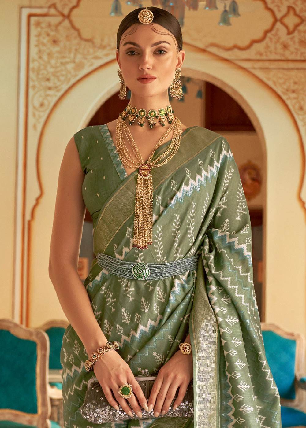 Pistachio Green Designer Printed Silk Saree