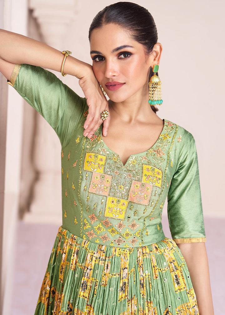 Pastel Green Chinon Silk Anarkali Gown with Intricate Embroidery work