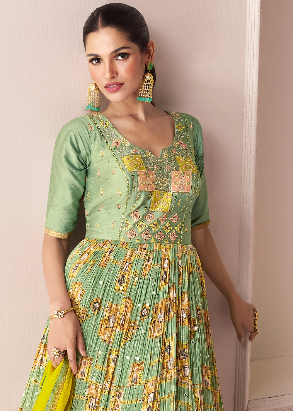 Pastel Green Chinon Silk Anarkali Gown with Intricate Embroidery work