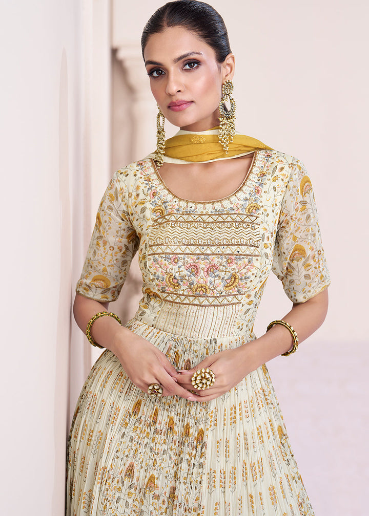 Parchment White Georgette Anarkali Gown with Intricate Embroidery work