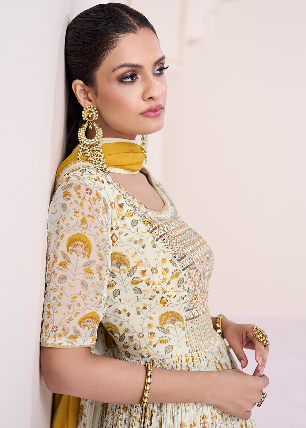 Parchment White Georgette Anarkali Gown with Intricate Embroidery work