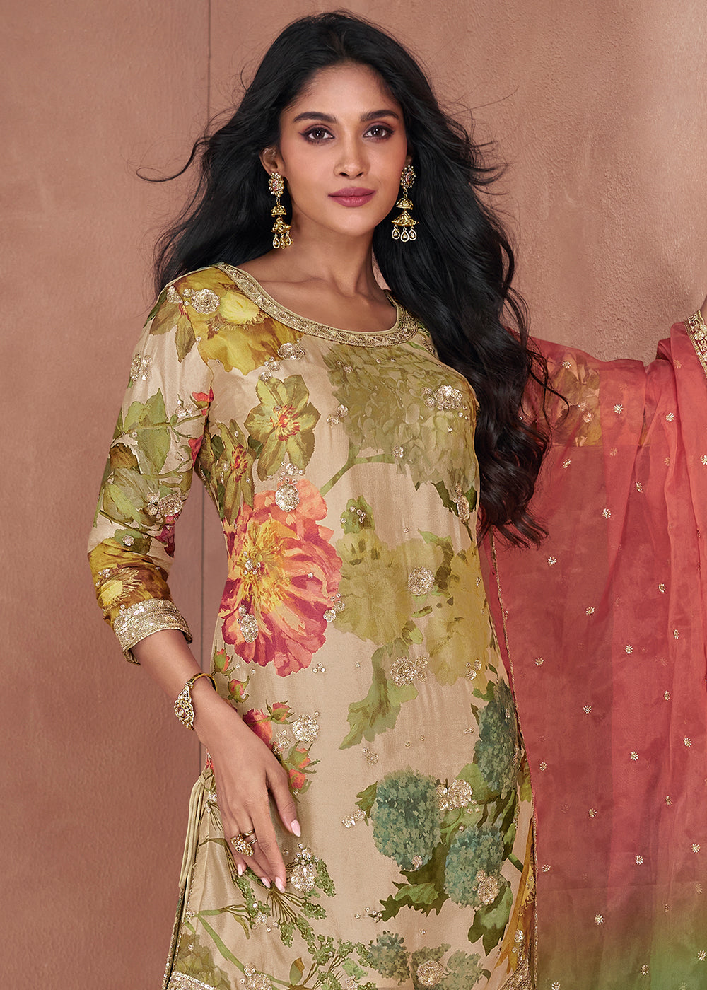 Beige Brown Floral Printed Georgette Plazzo Suit with Sequence work