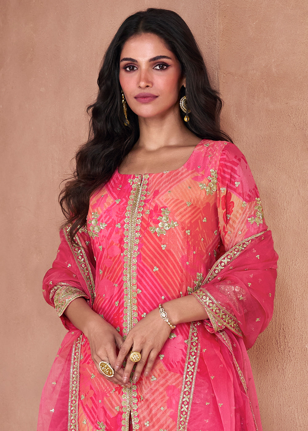 Shades Of Pink Floral Printed Georgette Sharara Suit with Sequence work